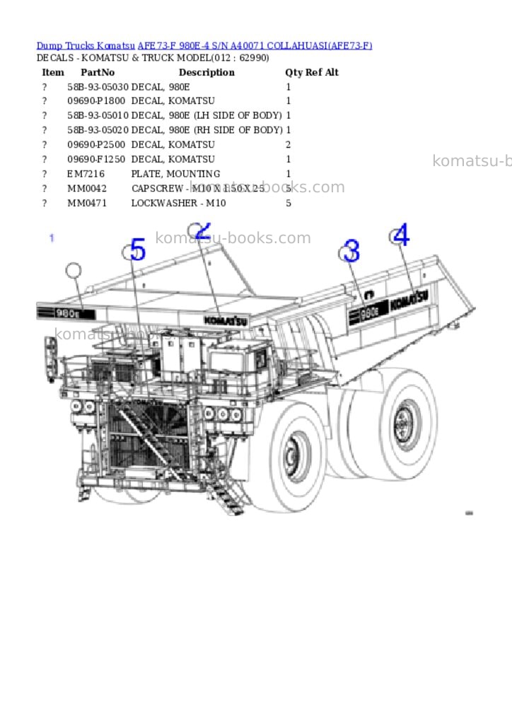 Komatsu afe73-f 980e-4 s/n a40071 collahuasi Parts catalog cover Page 6 Komatsu afe73-f 980e-4 s/n a40071 collahuasi Parts catalog cover Page 6