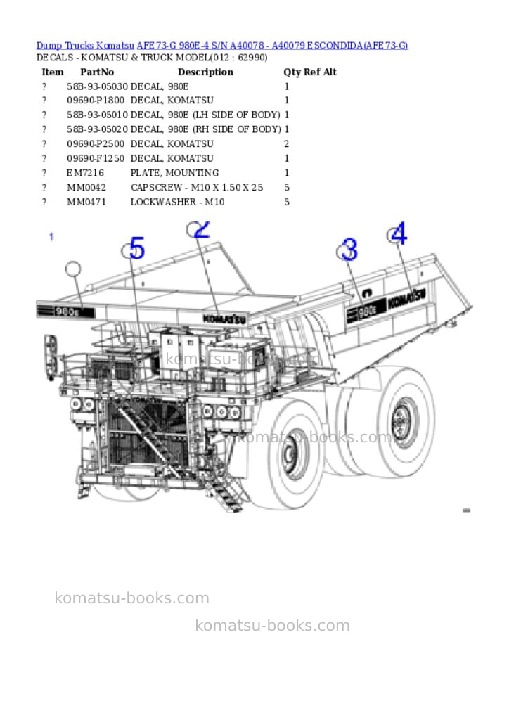 Komatsu afe73-g 980e-4 s/n a40078 - a40079 escondida Parts catalog cover Page 6