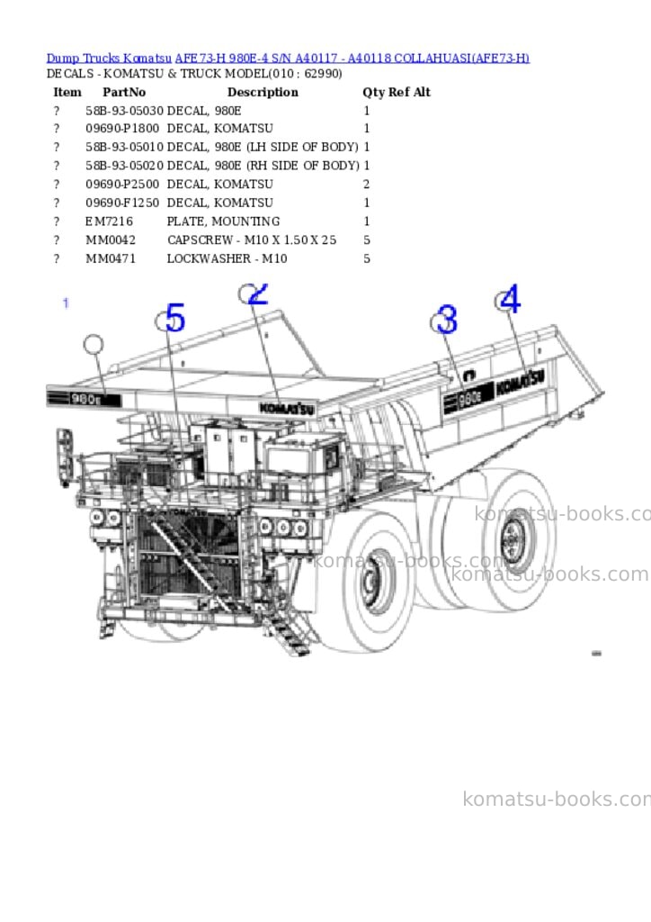 Komatsu afe73-h 980e-4 s/n a40117 - a40118 collahuasi Parts catalog cover Page 5 Komatsu afe73-h 980e-4 s/n a40117 - a40118 collahuasi Parts catalog cover Page 5