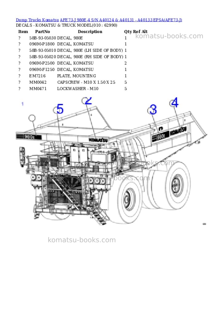 Komatsu afe73-j 980e-4 s/n a40124 & a40131 - a40133 epsa Parts catalog cover Page 5 Komatsu afe73-j 980e-4 s/n a40124 & a40131 - a40133 epsa Parts catalog cover Page 5
