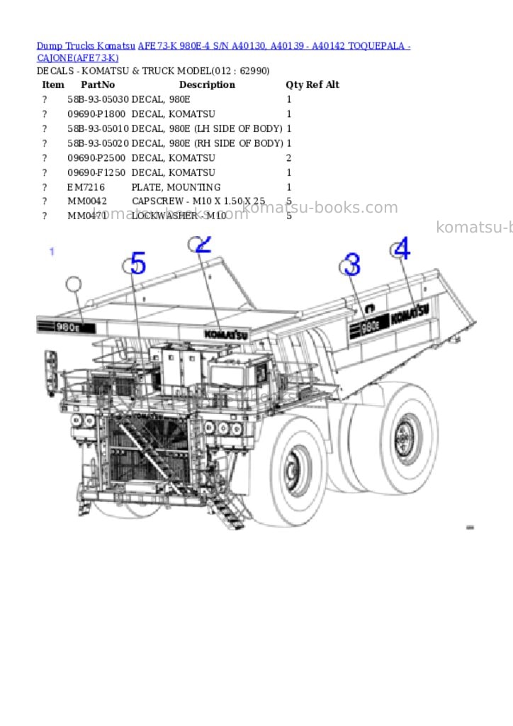 Komatsu AFE73-K 980E-4 S/N A40130, A40139 - A40142 TOQUEPALA - CAJONE Parts catalog cover Page 6 Komatsu AFE73-K 980E-4 S/N A40130, A40139 - A40142 TOQUEPALA - CAJONE Parts catalog cover Page 6