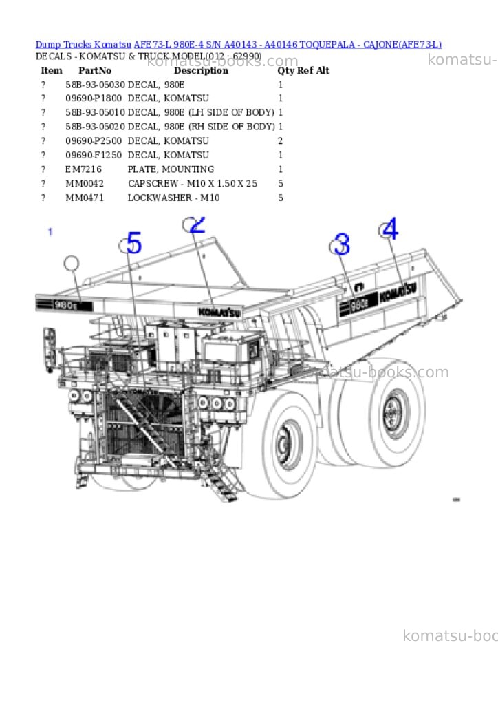 Komatsu AFE73-L 980E-4 S/N A40143 - A40146 TOQUEPALA - CAJONE Parts catalog cover Page 6 Komatsu AFE73-L 980E-4 S/N A40143 - A40146 TOQUEPALA - CAJONE Parts catalog cover Page 6
