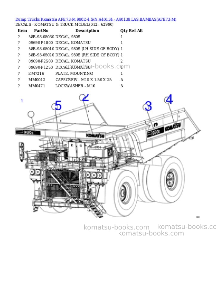 Komatsu afe73-m 980e-4 s/n a40134 - a40138 las bambas Parts catalog cover Page 6