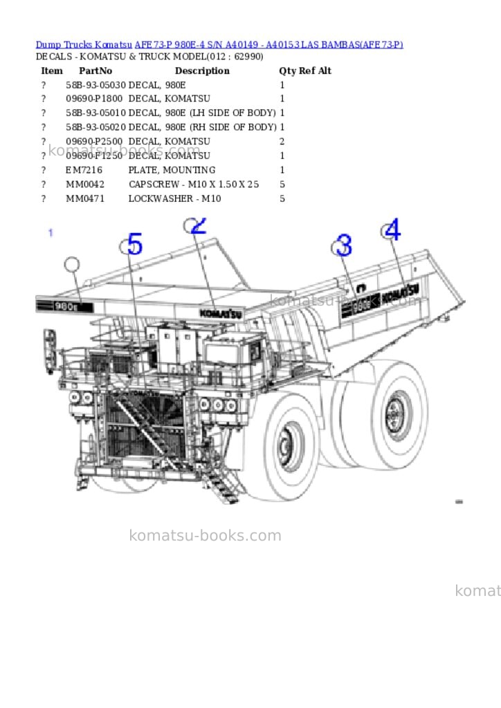 Komatsu AFE73-P 980E-4 S/N A40149 - A40153 LAS BAMBAS Parts catalog cover Page 6