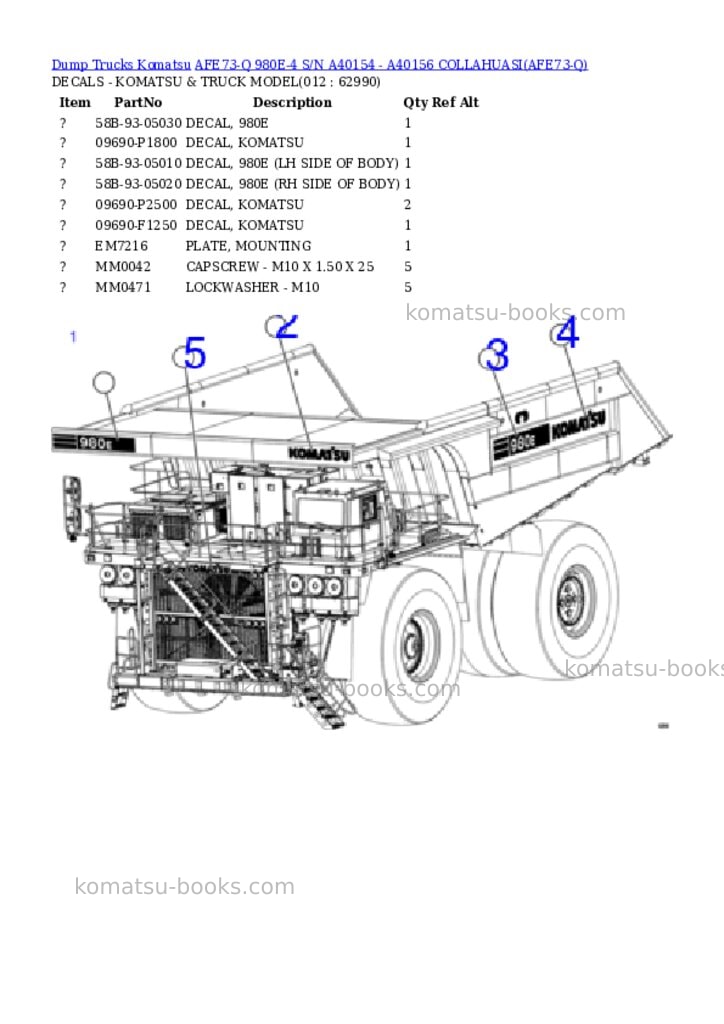 Komatsu AFE73-Q 980E-4 S/N A40154 - A40156 COLLAHUASI Parts catalog cover Page 6 Komatsu AFE73-Q 980E-4 S/N A40154 - A40156 COLLAHUASI Parts catalog cover Page 6