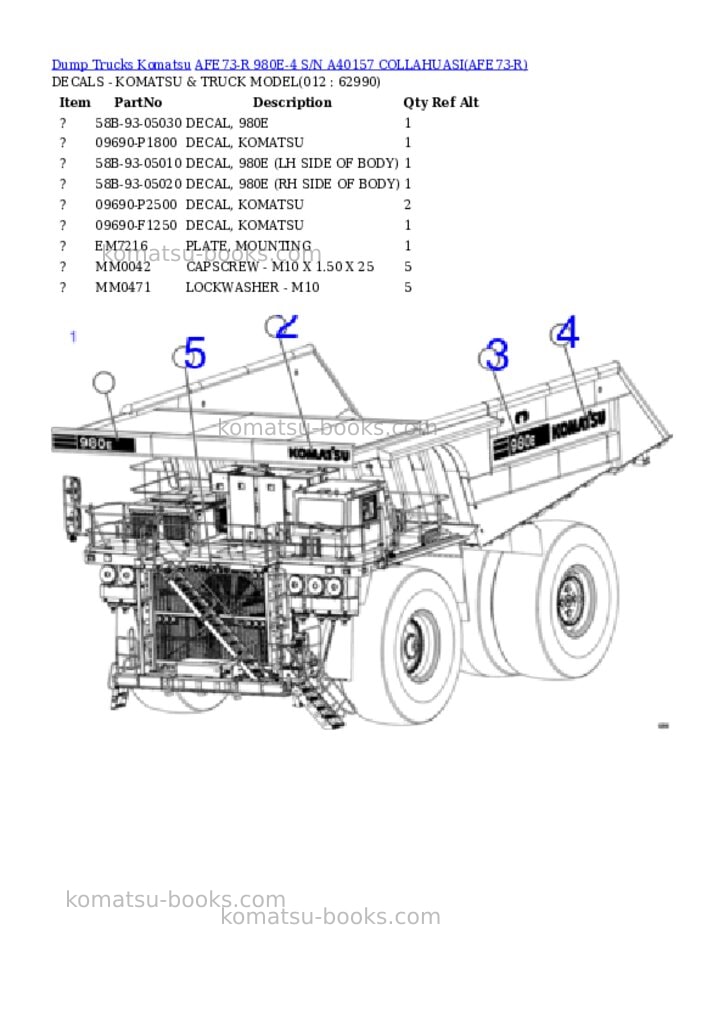 Komatsu AFE73-R 980E-4 S/N A40157 COLLAHUASI Parts catalog cover Page 6