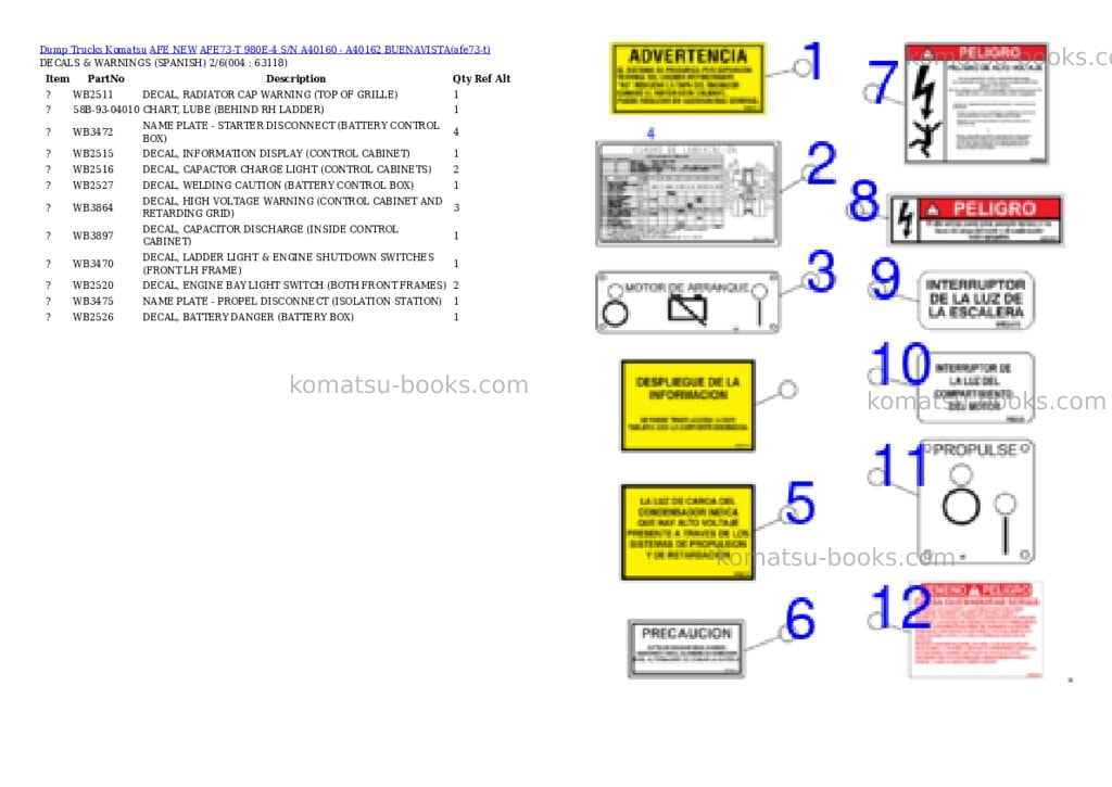 Komatsu AFE73-T 980E-4 S/N A40160 - A40162 BUENAVISTA Parts catalog cover Komatsu AFE73-T 980E-4 S/N A40160 - A40162 BUENAVISTA Parts catalog cover