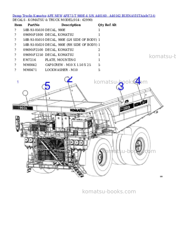 Komatsu AFE73-T 980E-4 S/N A40160 - A40162 BUENAVISTA Parts catalog cover Page 6 Komatsu AFE73-T 980E-4 S/N A40160 - A40162 BUENAVISTA Parts catalog cover Page 6