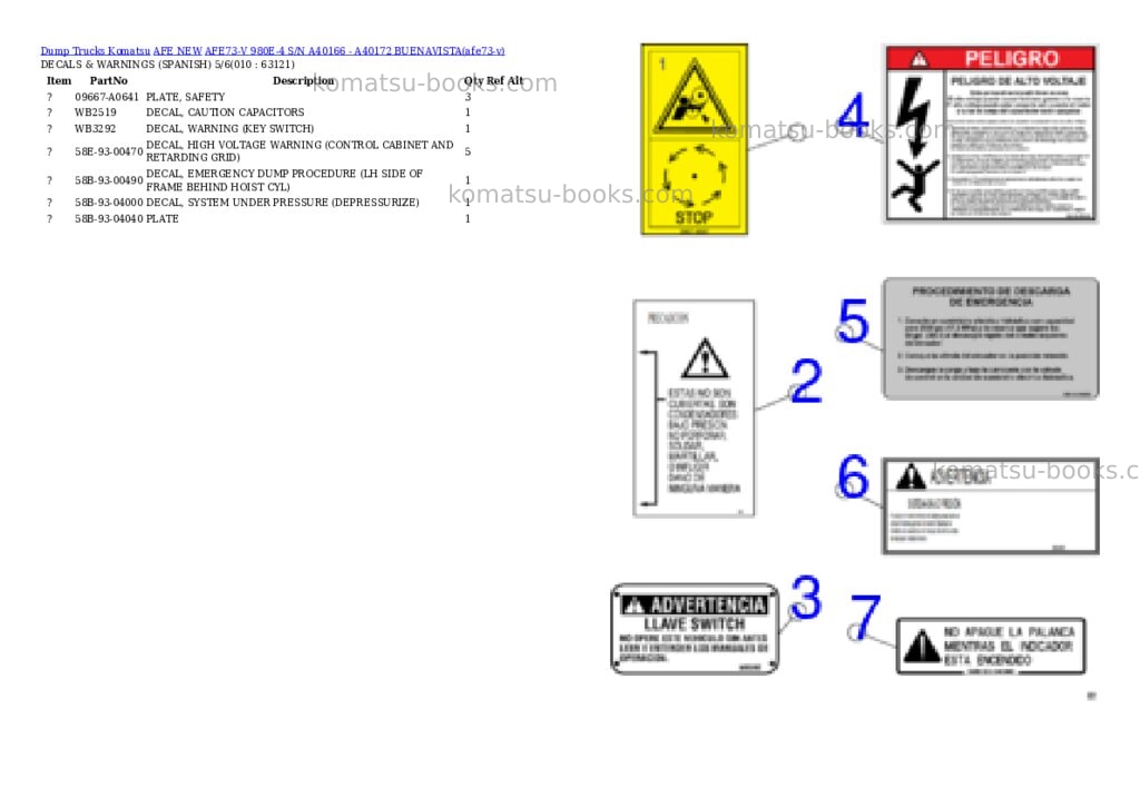 Komatsu AFE73-V 980E-4 S/N A40166 - A40172 BUENAVISTA Parts catalog cover Page 5 Komatsu AFE73-V 980E-4 S/N A40166 - A40172 BUENAVISTA Parts catalog cover Page 5
