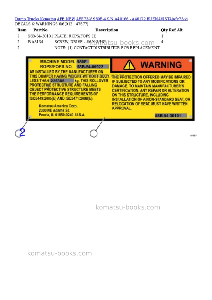 Komatsu AFE73-V 980E-4 S/N A40166 - A40172 BUENAVISTA Parts catalog cover Page 6 Komatsu AFE73-V 980E-4 S/N A40166 - A40172 BUENAVISTA Parts catalog cover Page 6