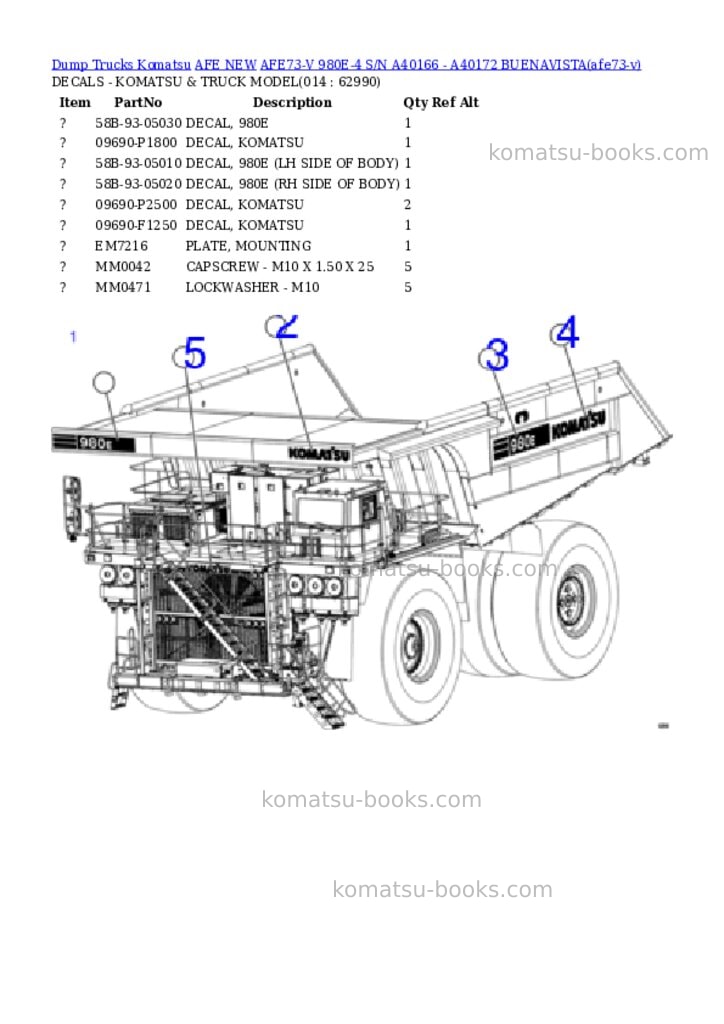Komatsu AFE73-V 980E-4 S/N A40166 - A40172 BUENAVISTA Parts catalog cover Page 7 Komatsu AFE73-V 980E-4 S/N A40166 - A40172 BUENAVISTA Parts catalog cover Page 7