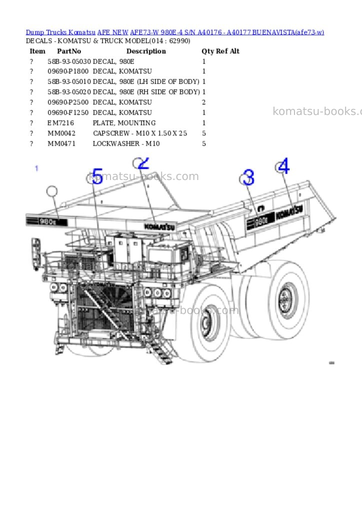 Komatsu AFE73-W 980E-4 S/N A40176 - A40177 BUENAVISTA Parts catalog cover Page 7 Komatsu AFE73-W 980E-4 S/N A40176 - A40177 BUENAVISTA Parts catalog cover Page 7