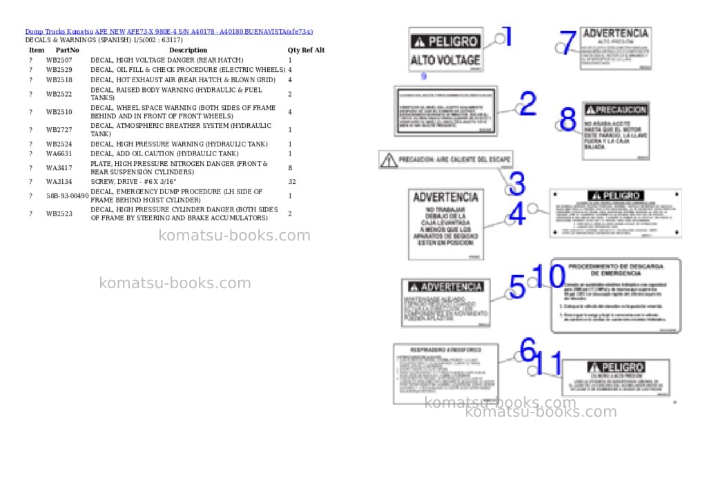 Komatsu AFE73-X 980E-4 S/N A40178 - A40180 BUENAVISTA Parts catalog cover Komatsu AFE73-X 980E-4 S/N A40178 - A40180 BUENAVISTA Parts catalog cover
