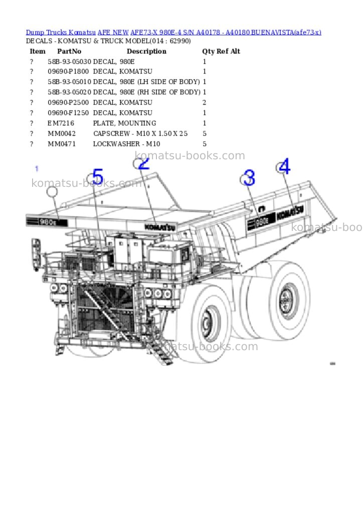 Komatsu AFE73-X 980E-4 S/N A40178 - A40180 BUENAVISTA Parts catalog cover Page 7 Komatsu AFE73-X 980E-4 S/N A40178 - A40180 BUENAVISTA Parts catalog cover Page 7