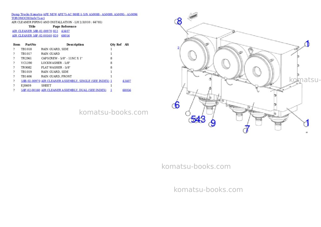 Komatsu AFE75-AC 980E-5 S/N A50088 - A50089, A50095 - A50096 TOROMOCHO Parts catalog cover Page 5 Komatsu AFE75-AC 980E-5 S/N A50088 - A50089, A50095 - A50096 TOROMOCHO Parts catalog cover Page 5
