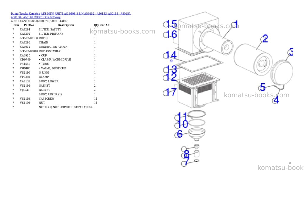 Komatsu AFE75-AQ 980E-5 S/N A50152 - A50153, A50155 - A50157, A50160 - A50161 CODELCO Parts catalog cover Page 10 Komatsu AFE75-AQ 980E-5 S/N A50152 - A50153, A50155 - A50157, A50160 - A50161 CODELCO Parts catalog cover Page 10