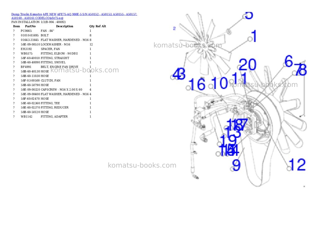 Komatsu AFE75-AQ 980E-5 S/N A50152 - A50153, A50155 - A50157, A50160 - A50161 CODELCO Parts catalog cover Page 2 Komatsu AFE75-AQ 980E-5 S/N A50152 - A50153, A50155 - A50157, A50160 - A50161 CODELCO Parts catalog cover Page 2