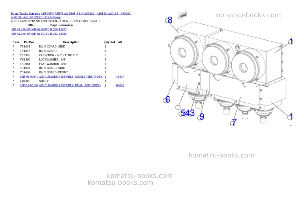 Komatsu AFE75-AQ 980E-5 S/N A50152 - A50153, A50155 - A50157, A50160 - A50161 CODELCO Parts catalog cover Page 5 Komatsu AFE75-AQ 980E-5 S/N A50152 - A50153, A50155 - A50157, A50160 - A50161 CODELCO Parts catalog cover Page 5