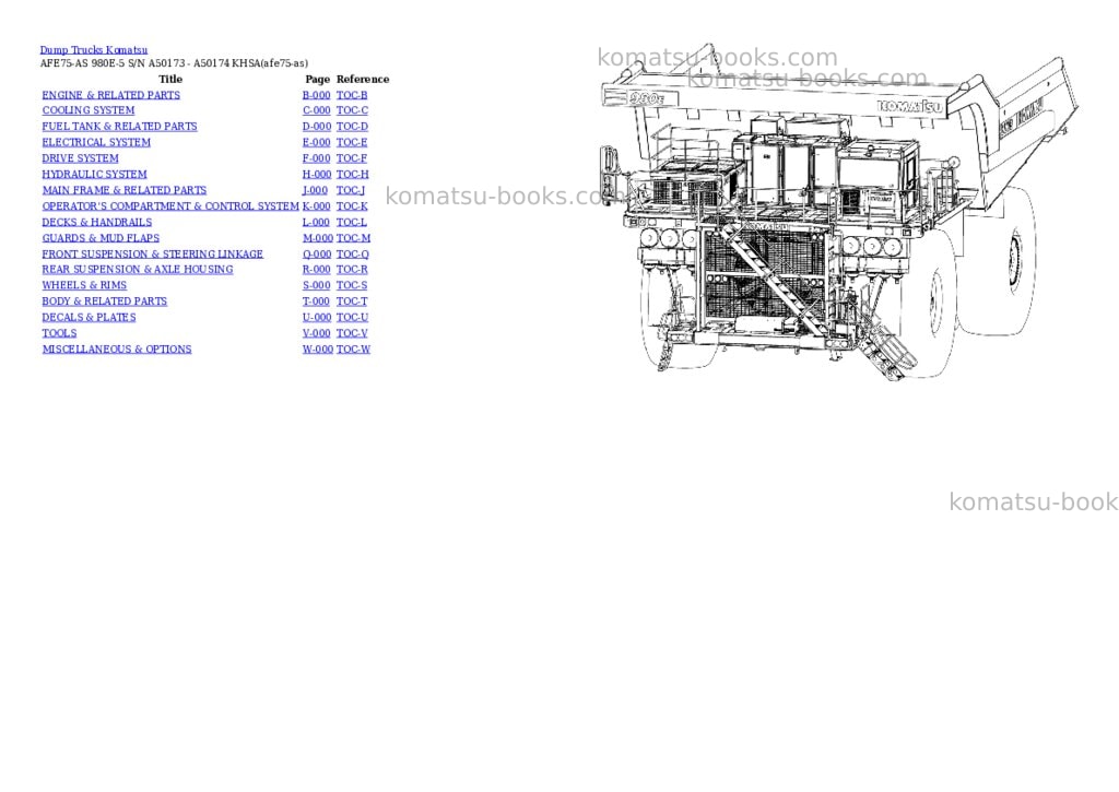 Komatsu AFE75-AS 980E-5 S/N A50173 - A50174 KHSA Parts catalog cover Komatsu AFE75-AS 980E-5 S/N A50173 - A50174 KHSA Parts catalog cover