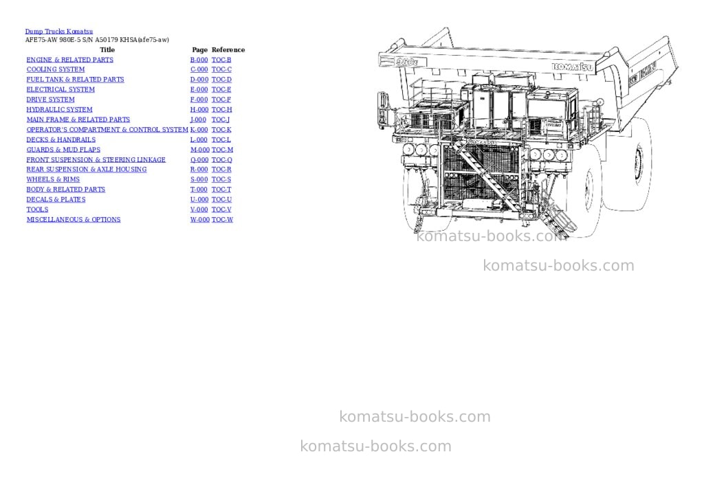 Komatsu AFE75-AW 980E-5 S/N A50179 KHSA Parts catalog cover Komatsu AFE75-AW 980E-5 S/N A50179 KHSA Parts catalog cover