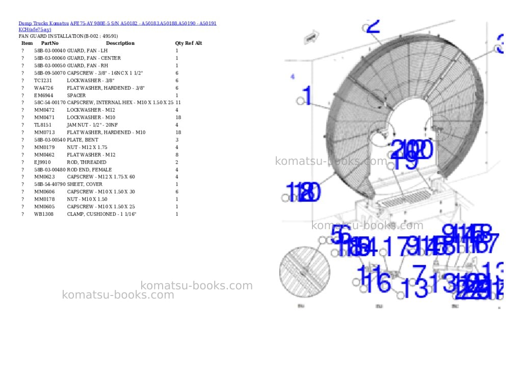 Komatsu AFE75-AY 980E-5 S/N A50182 - A50183,A50188,A50190 - A50191 KCH Parts catalog cover Komatsu AFE75-AY 980E-5 S/N A50182 - A50183,A50188,A50190 - A50191 KCH Parts catalog cover