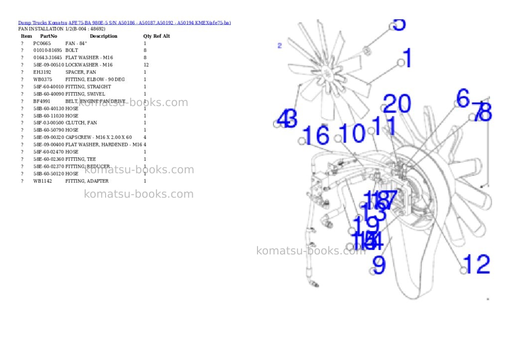 Komatsu AFE75-BA 980E-5 S/N A50186 - A50187,A50192 - A50194 KMEX Parts catalog cover Page 2