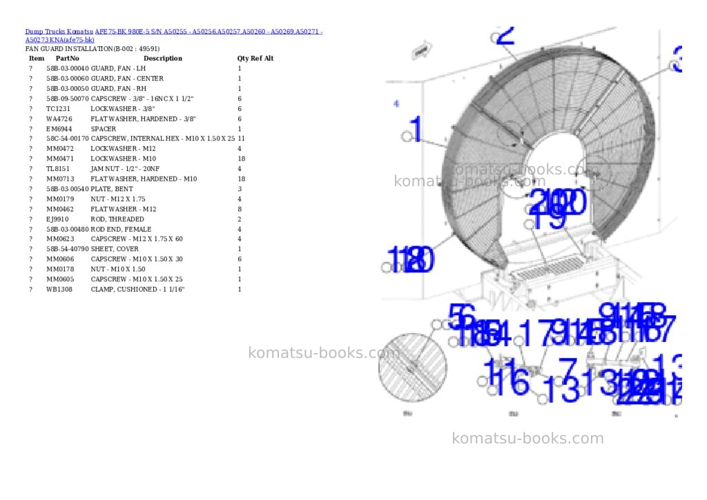 Komatsu AFE75-BK 980E-5 S/N A50255 - A50256,A50257,A50260 - A50269,A50271 - A50273 KNA Parts catalog cover Komatsu AFE75-BK 980E-5 S/N A50255 - A50256,A50257,A50260 - A50269,A50271 - A50273 KNA Parts catalog cover