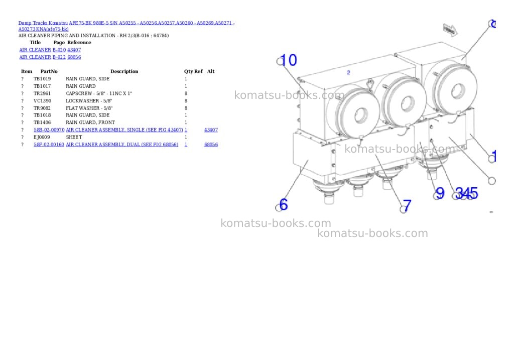Komatsu AFE75-BK 980E-5 S/N A50255 - A50256,A50257,A50260 - A50269,A50271 - A50273 KNA Parts catalog cover Page 8 Komatsu AFE75-BK 980E-5 S/N A50255 - A50256,A50257,A50260 - A50269,A50271 - A50273 KNA Parts catalog cover Page 8