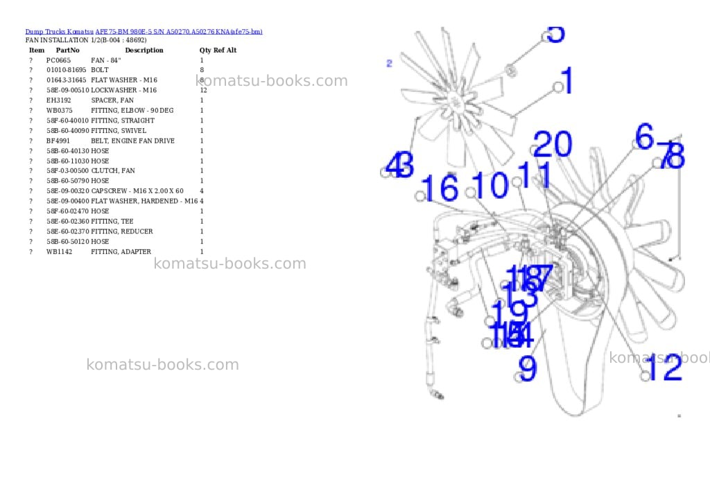 Komatsu AFE75-BM 980E-5 S/N A50270,A50276 KNA Parts catalog cover Page 2