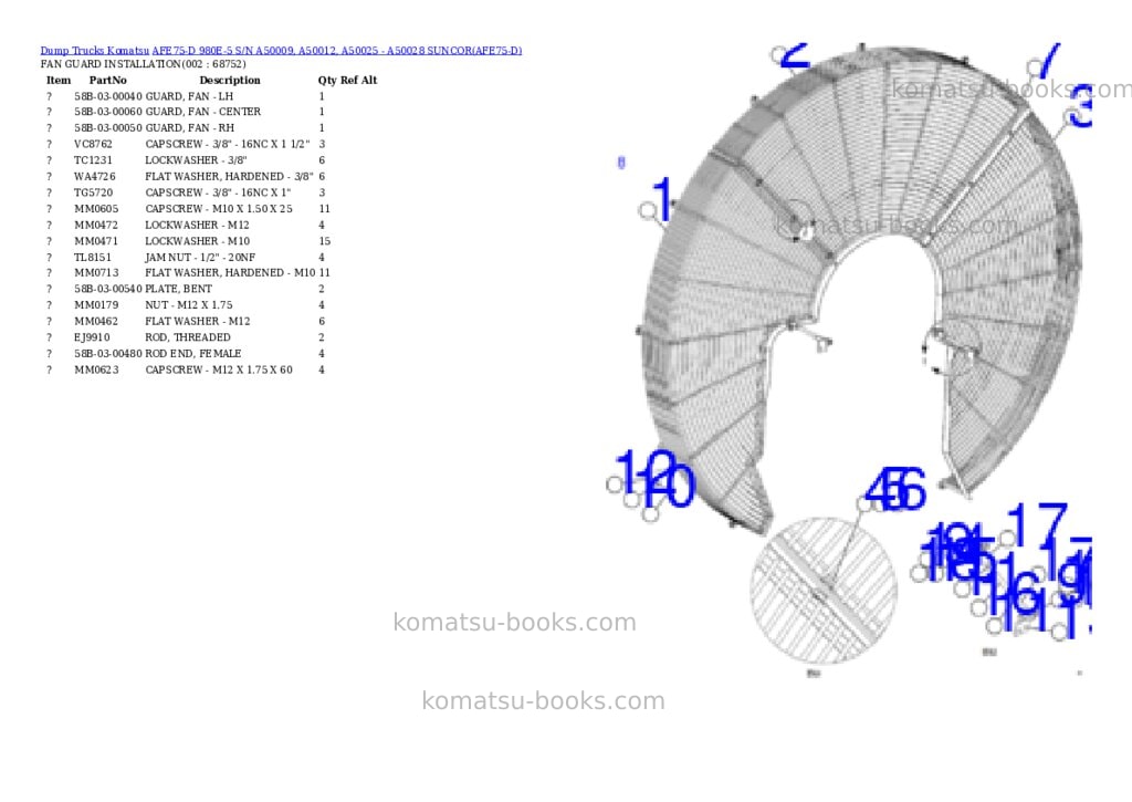 Komatsu afe75-d 980e-5 s/n a50009, a50012, a50025 - a50028 suncor Parts catalog cover