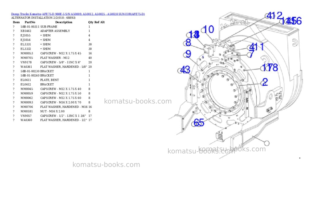 Komatsu afe75-d 980e-5 s/n a50009, a50012, a50025 - a50028 suncor Parts catalog cover Page 9