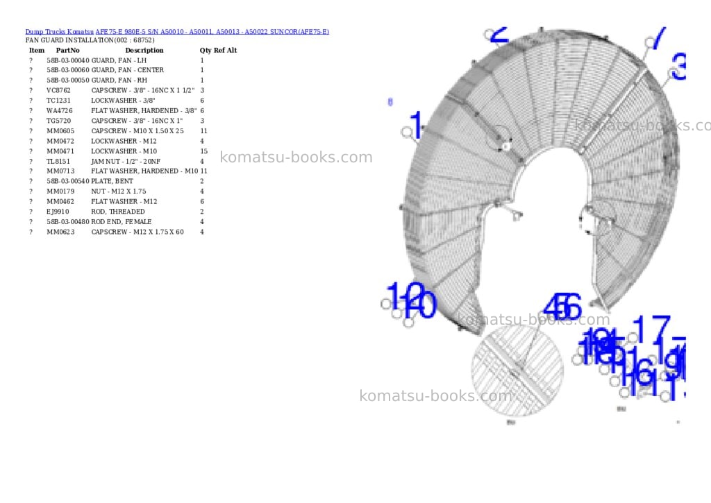Komatsu afe75-e 980e-5 s/n a50010 - a50011, a50013 - a50022 suncor Parts catalog cover