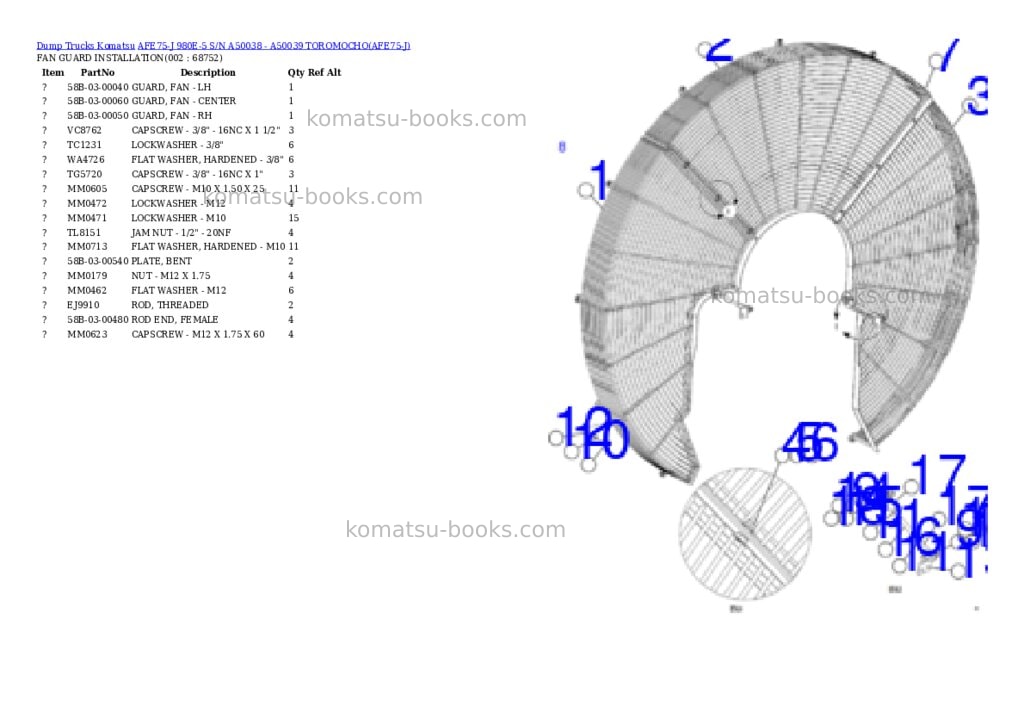 Komatsu AFE75-J 980E-5 S/N A50038 - A50039 TOROMOCHO Parts catalog cover