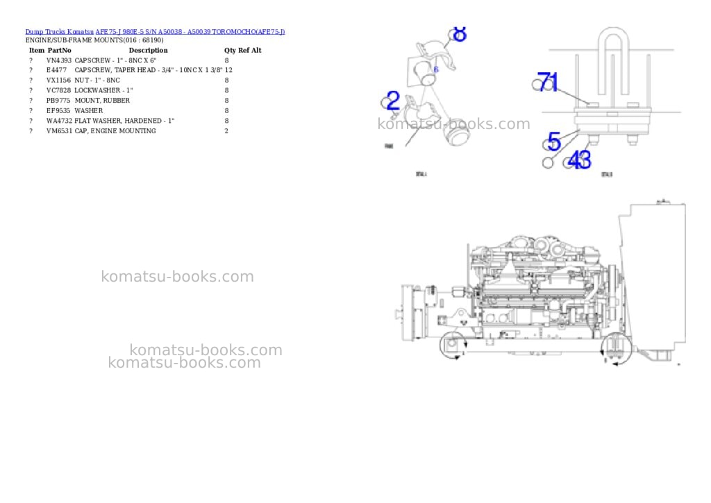 Komatsu AFE75-J 980E-5 S/N A50038 - A50039 TOROMOCHO Parts catalog cover Page 8