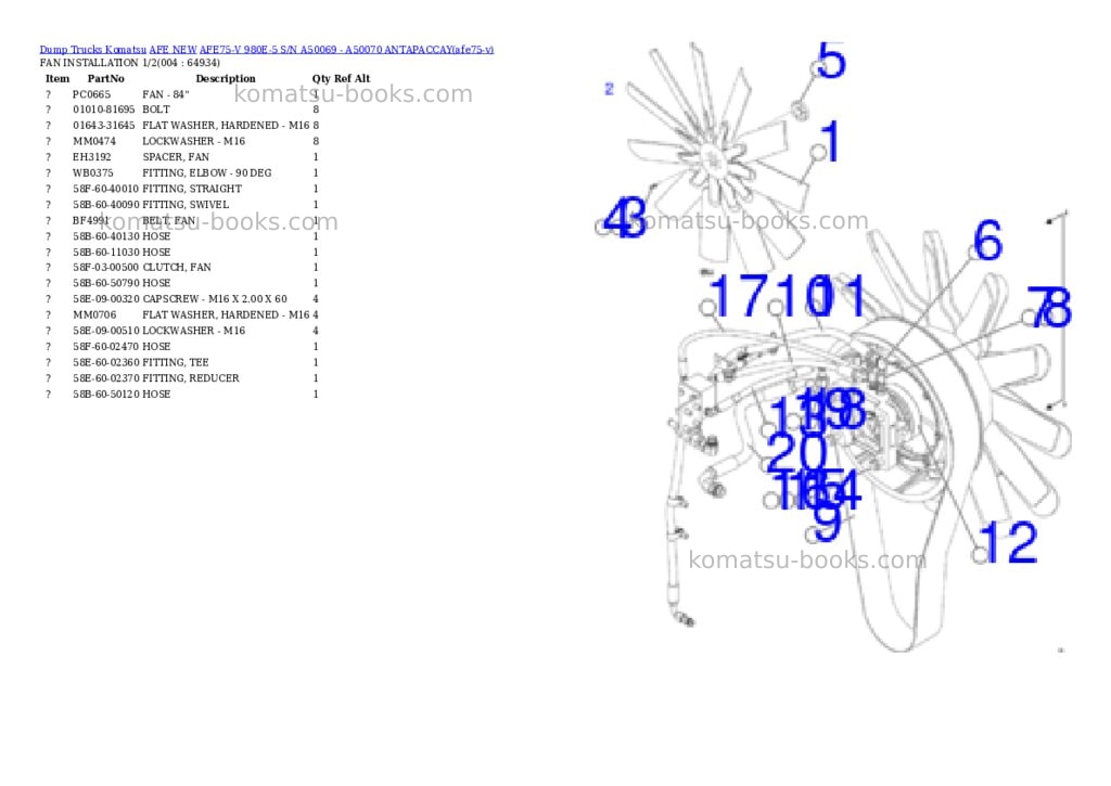 Komatsu AFE75-V 980E-5 S/N A50069 - A50070 ANTAPACCAY Parts catalog cover Page 2 Komatsu AFE75-V 980E-5 S/N A50069 - A50070 ANTAPACCAY Parts catalog cover Page 2