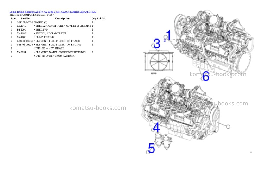 Komatsu AFE77-AA 830E-5 S/N A50074 ROBINSON Parts catalog cover Page 6