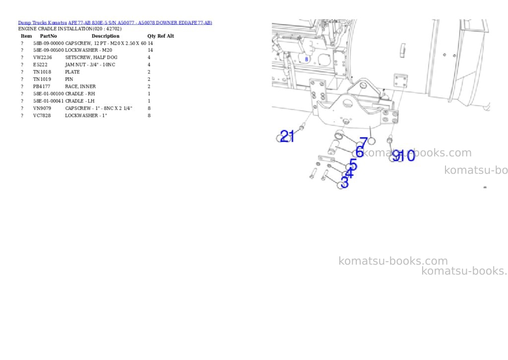 Komatsu AFE77-AB 830E-5 S/N A50077 - A50078 DOWNER EDI Parts catalog cover Page 10