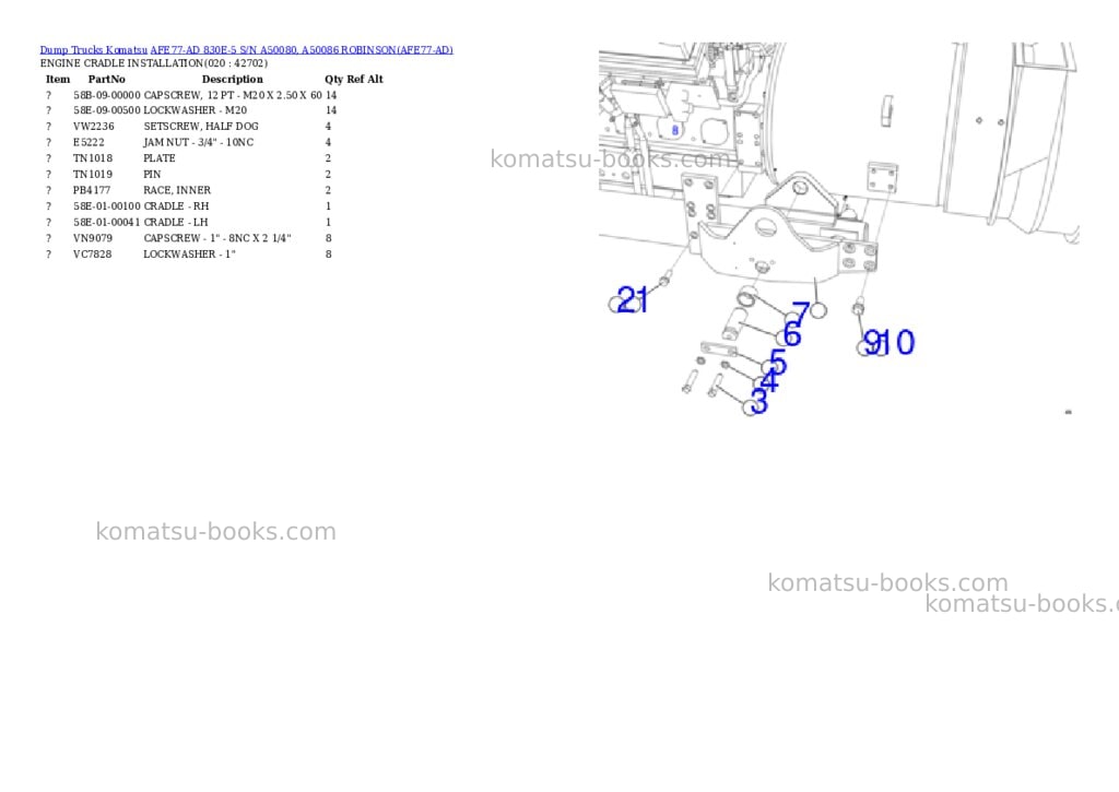 Komatsu AFE77-AD 830E-5 S/N A50080, A50086 ROBINSON Parts catalog cover Page 10 Komatsu AFE77-AD 830E-5 S/N A50080, A50086 ROBINSON Parts catalog cover Page 10