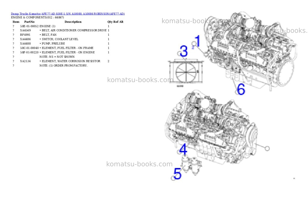 Komatsu AFE77-AD 830E-5 S/N A50080, A50086 ROBINSON Parts catalog cover Page 6 Komatsu AFE77-AD 830E-5 S/N A50080, A50086 ROBINSON Parts catalog cover Page 6
