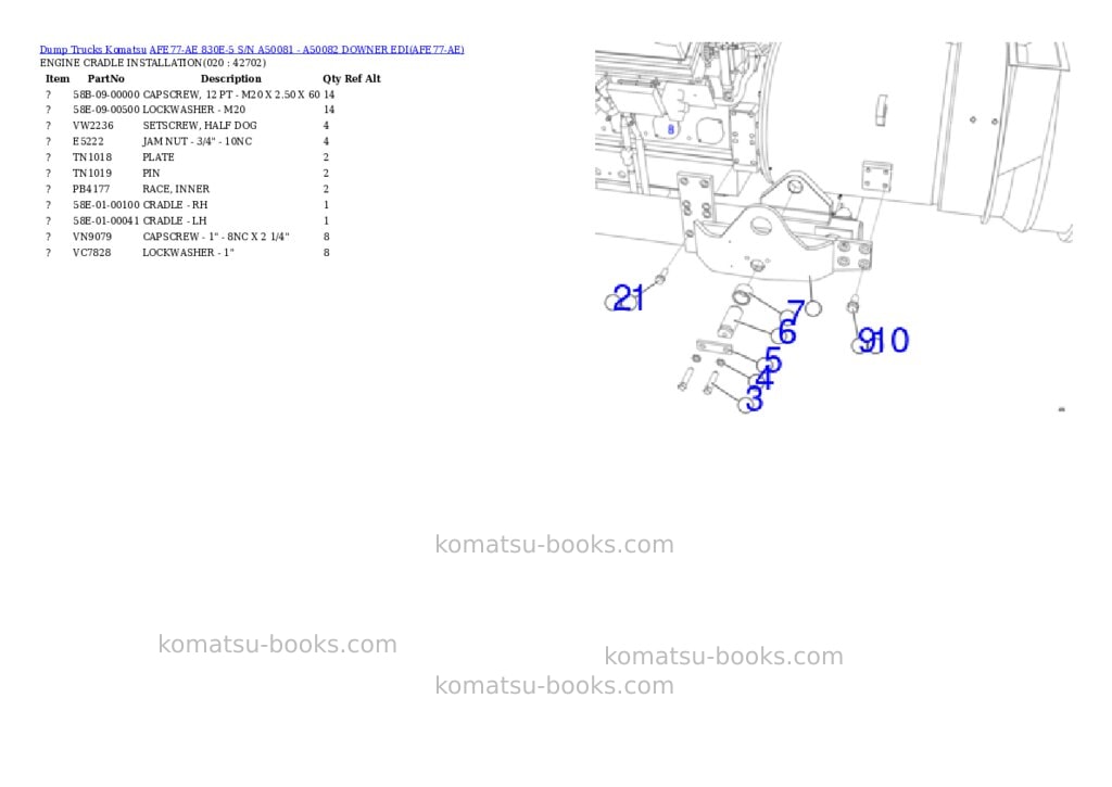 Komatsu AFE77-AE 830E-5 S/N A50081 - A50082 DOWNER EDI Parts catalog cover Page 10 Komatsu AFE77-AE 830E-5 S/N A50081 - A50082 DOWNER EDI Parts catalog cover Page 10