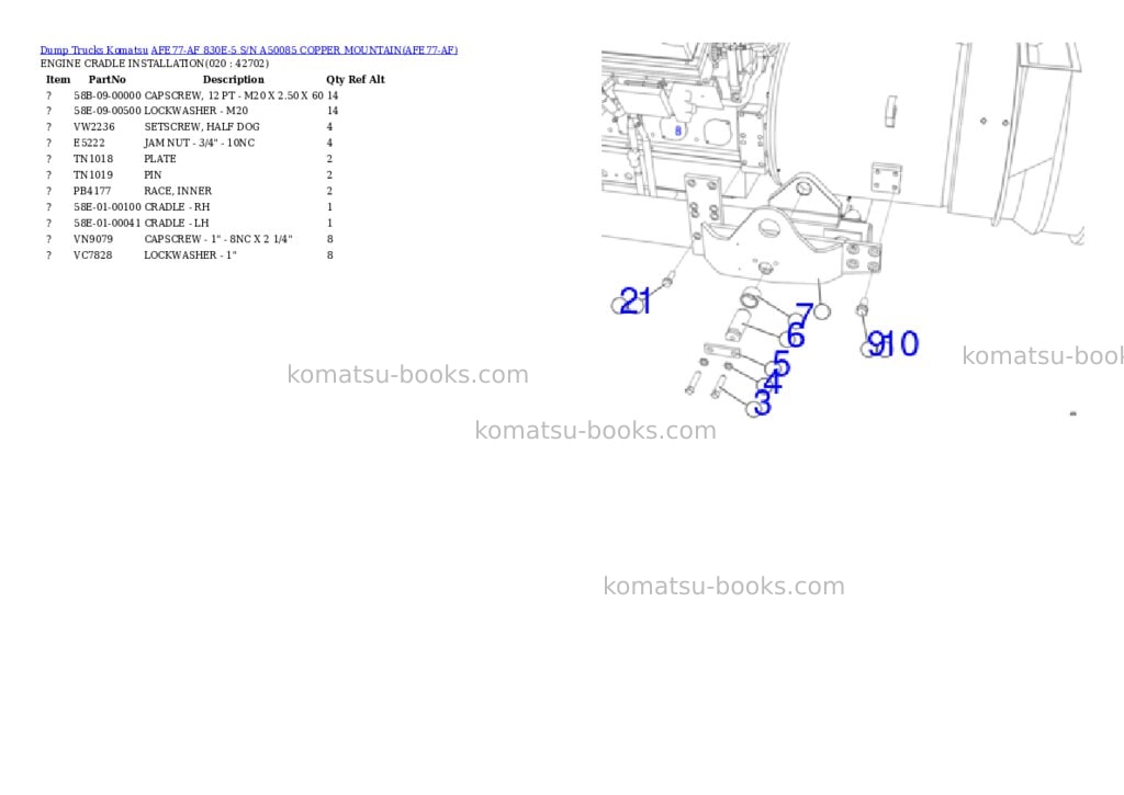 Komatsu AFE77-AF 830E-5 S/N A50085 COPPER MOUNTAIN Parts catalog cover Page 10 Komatsu AFE77-AF 830E-5 S/N A50085 COPPER MOUNTAIN Parts catalog cover Page 10