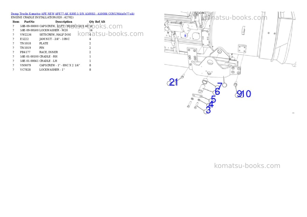 Komatsu AFE77-AK 830E-5 S/N A50083 - A50084 CONUMA Parts catalog cover Page 10 Komatsu AFE77-AK 830E-5 S/N A50083 - A50084 CONUMA Parts catalog cover Page 10
