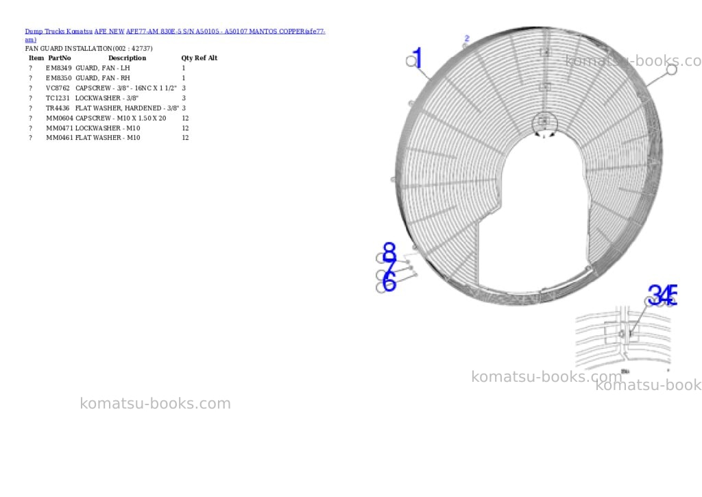 Komatsu AFE77-AM 830E-5 S/N A50105 - A50107 MANTOS COPPER Parts catalog cover