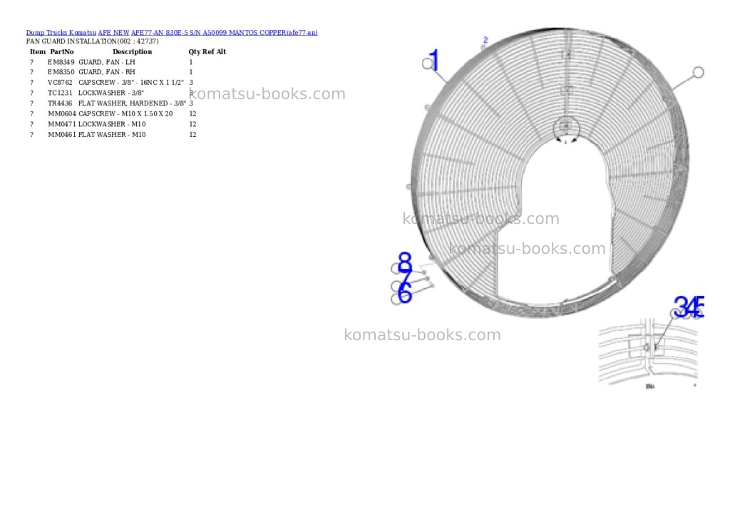 Komatsu AFE77-AN 830E-5 S/N A50099 MANTOS COPPER Parts catalog cover Komatsu AFE77-AN 830E-5 S/N A50099 MANTOS COPPER Parts catalog cover