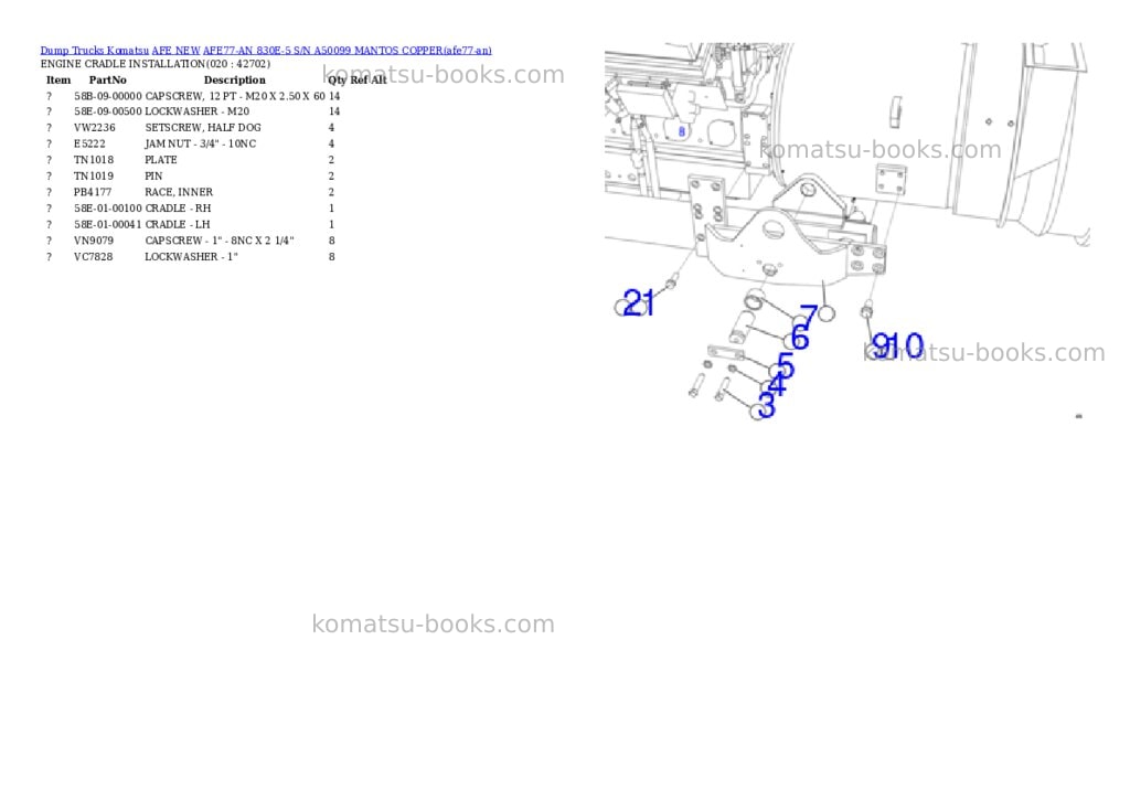 Komatsu AFE77-AN 830E-5 S/N A50099 MANTOS COPPER Parts catalog cover Page 10 Komatsu AFE77-AN 830E-5 S/N A50099 MANTOS COPPER Parts catalog cover Page 10