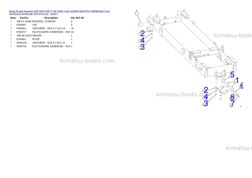 Komatsu AFE77-AN 830E-5 S/N A50099 MANTOS COPPER Parts catalog cover Page 8 Komatsu AFE77-AN 830E-5 S/N A50099 MANTOS COPPER Parts catalog cover Page 8