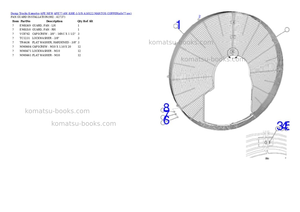 Komatsu AFE77-AW 830E-5 S/N A50122 MANTOS COPPER Parts catalog cover Komatsu AFE77-AW 830E-5 S/N A50122 MANTOS COPPER Parts catalog cover