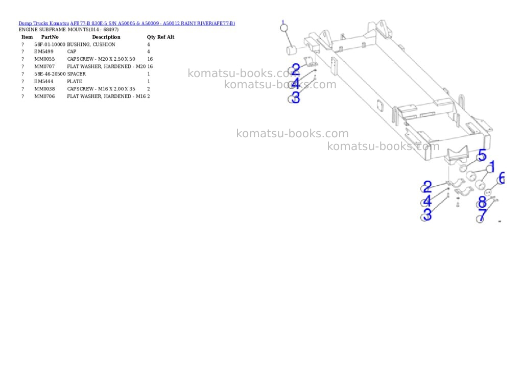 Komatsu afe77-b 830e-5 s/n a50005 & a50009 - a50012 rainy river Parts catalog cover Page 7 Komatsu afe77-b 830e-5 s/n a50005 & a50009 - a50012 rainy river Parts catalog cover Page 7