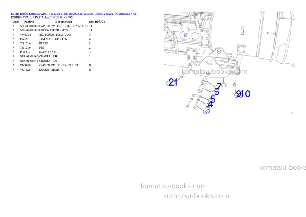 Komatsu afe77-b 830e-5 s/n a50005 & a50009 - a50012 rainy river Parts catalog cover Page 8 Komatsu afe77-b 830e-5 s/n a50005 & a50009 - a50012 rainy river Parts catalog cover Page 8