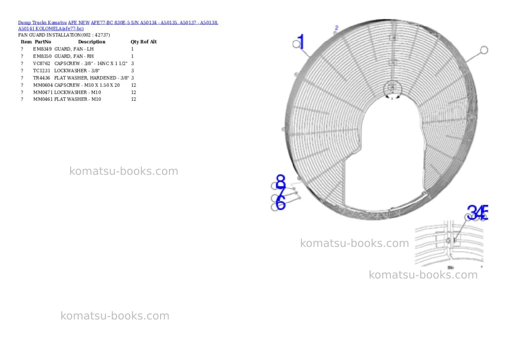 Komatsu AFE77-BC 830E-5 S/N A50134 - A50135, A50137 - A50138, A50141 KOLOMELA Parts catalog cover Komatsu AFE77-BC 830E-5 S/N A50134 - A50135, A50137 - A50138, A50141 KOLOMELA Parts catalog cover